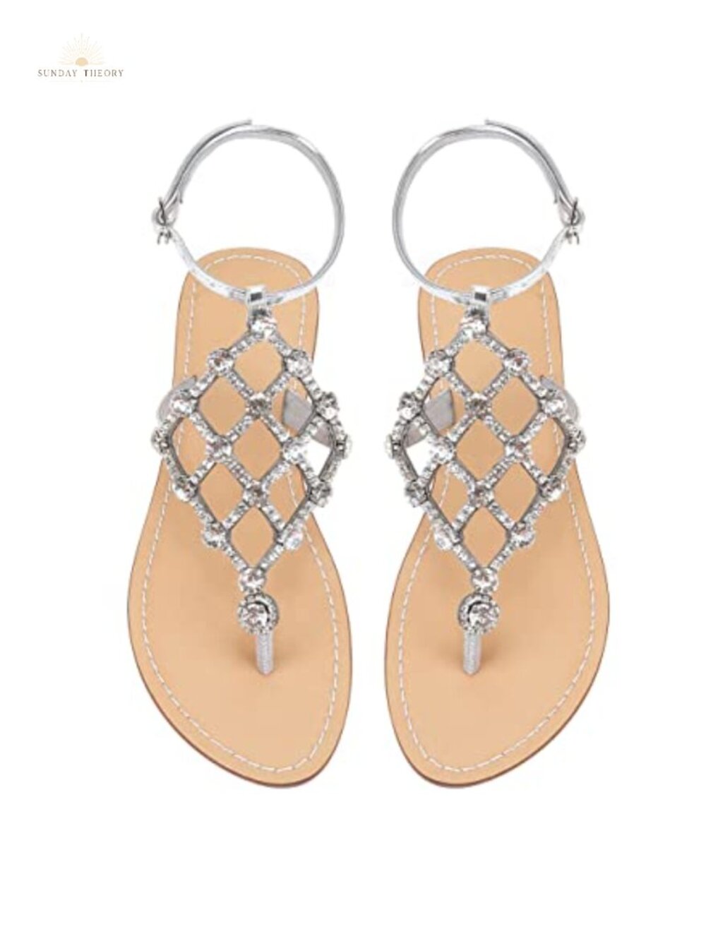 Women's Rhinestone Flat T-Strap Thong Wedding Sandals